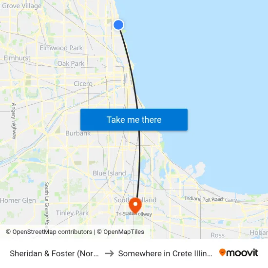 Sheridan & Foster (North) to Somewhere in Crete Illinois map