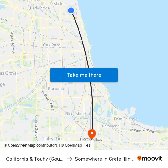 California & Touhy (South) to Somewhere in Crete Illinois map