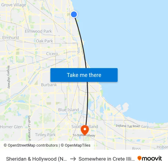 Sheridan & Hollywood (North) to Somewhere in Crete Illinois map