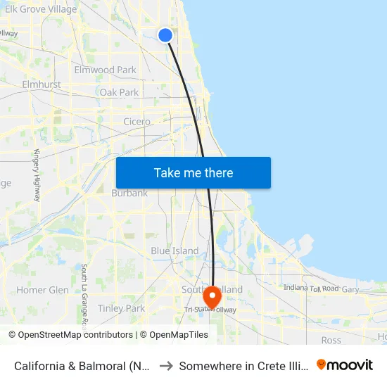 California & Balmoral (North) to Somewhere in Crete Illinois map