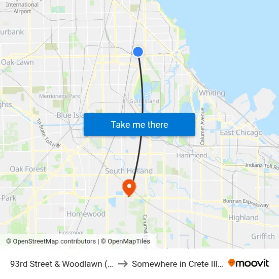93rd Street & Woodlawn (East) to Somewhere in Crete Illinois map
