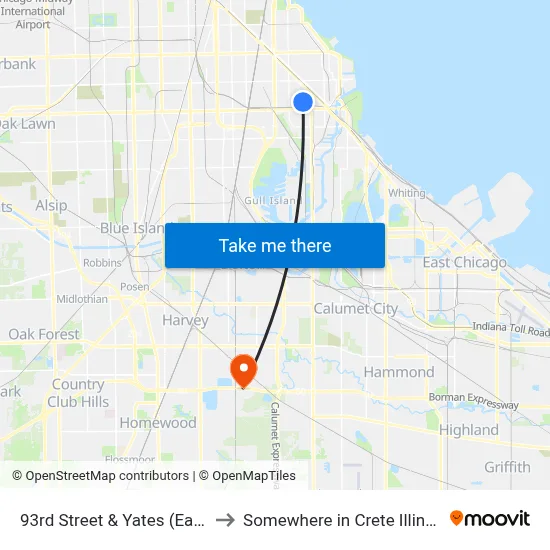 93rd Street & Yates (East) to Somewhere in Crete Illinois map