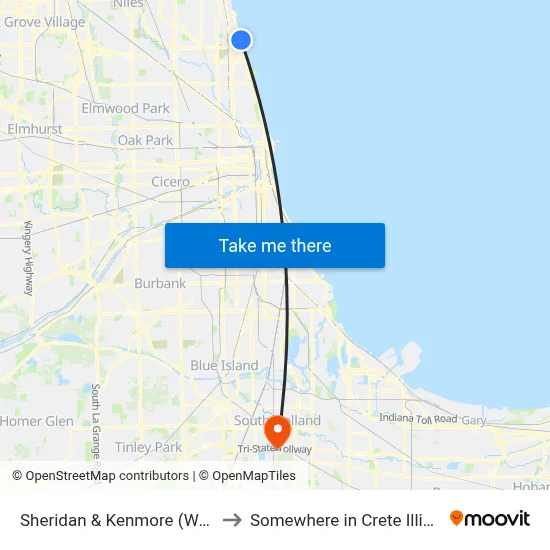 Sheridan & Kenmore (West) to Somewhere in Crete Illinois map