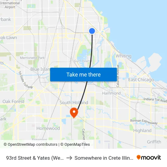 93rd Street & Yates (West) to Somewhere in Crete Illinois map