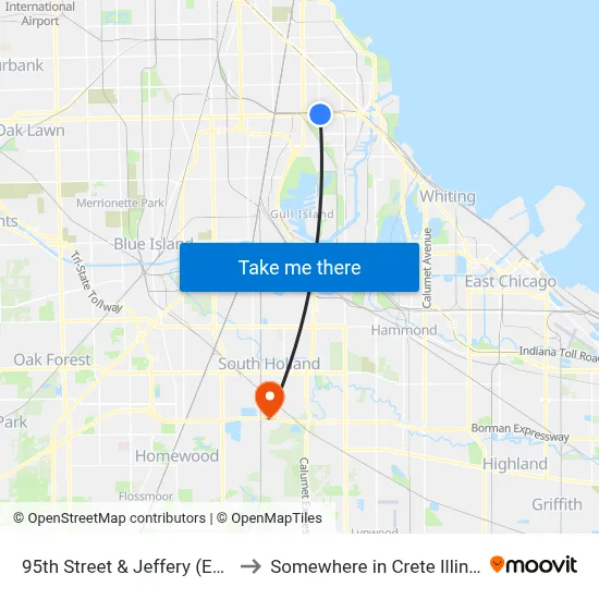 95th Street & Jeffery (East) to Somewhere in Crete Illinois map