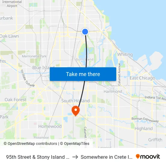 95th Street & Stony Island (West) to Somewhere in Crete Illinois map