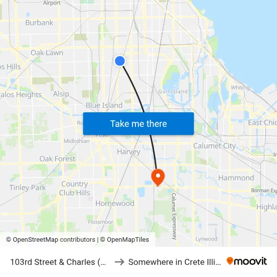 103rd Street & Charles (East) to Somewhere in Crete Illinois map