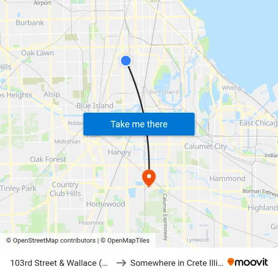 103rd Street & Wallace (West) to Somewhere in Crete Illinois map