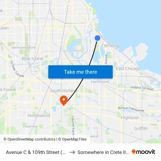 Avenue C & 109th Street (South) to Somewhere in Crete Illinois map