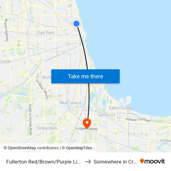 Fullerton Red/Brown/Purple Line Station (West) to Somewhere in Crete Illinois map