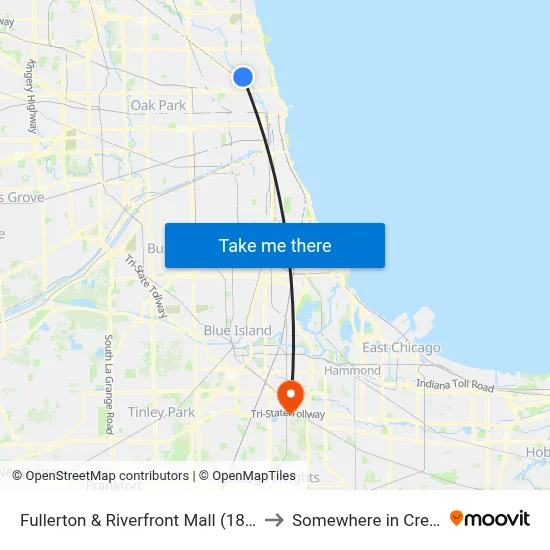 Fullerton & Riverfront Mall (1800 W) (West) to Somewhere in Crete Illinois map