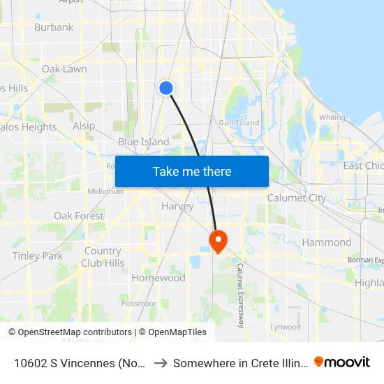 10602 S Vincennes (North) to Somewhere in Crete Illinois map