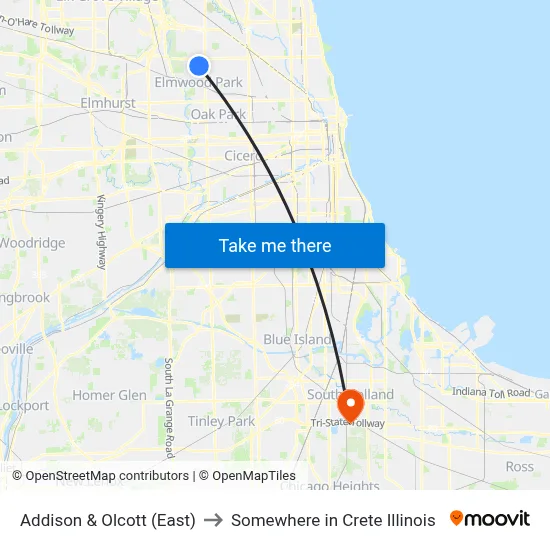 Addison & Olcott (East) to Somewhere in Crete Illinois map