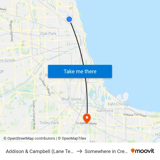 Addison & Campbell (Lane Tech Hs) (East) to Somewhere in Crete Illinois map