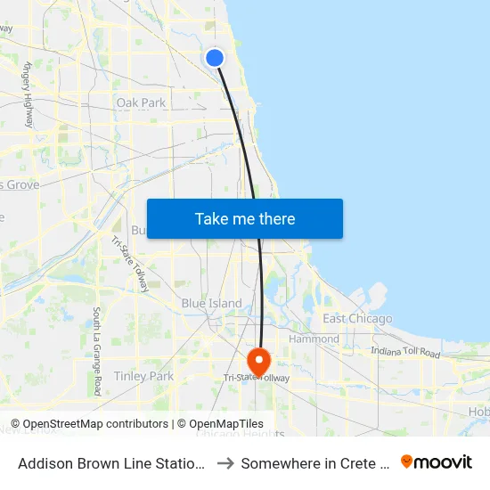 Addison Brown Line Station (East) to Somewhere in Crete Illinois map
