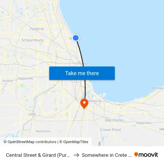 Central Street & Girard (Purple Line) to Somewhere in Crete Illinois map