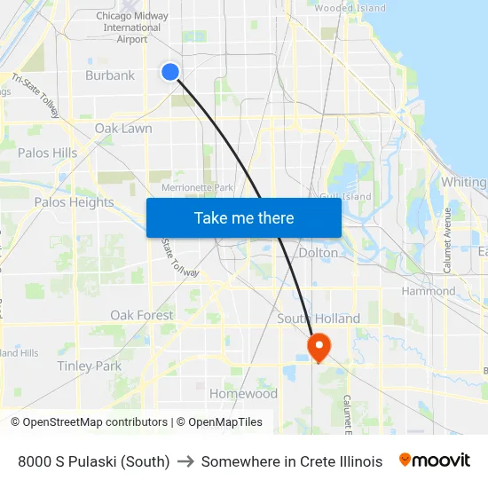 8000 S Pulaski (South) to Somewhere in Crete Illinois map