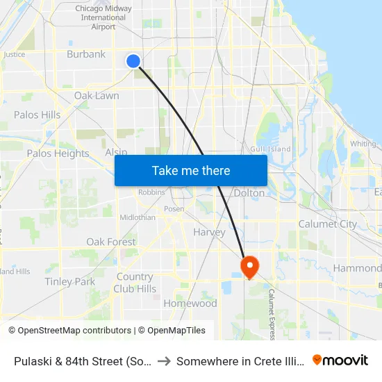Pulaski & 84th Street (South) to Somewhere in Crete Illinois map
