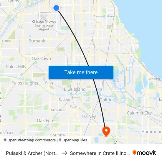 Pulaski & Archer (North) to Somewhere in Crete Illinois map