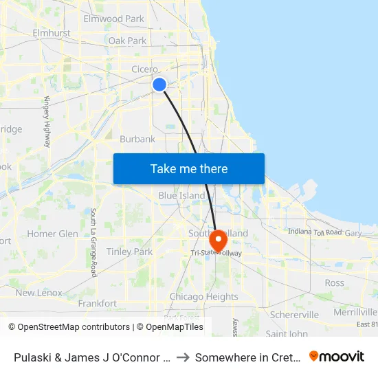 Pulaski & James J O'Connor Rd (North) to Somewhere in Crete Illinois map