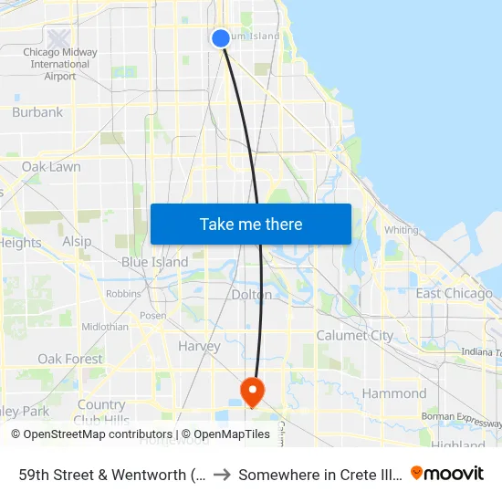 59th Street & Wentworth (East) to Somewhere in Crete Illinois map