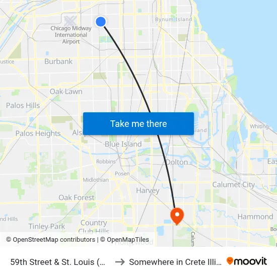 59th Street & St. Louis (West) to Somewhere in Crete Illinois map