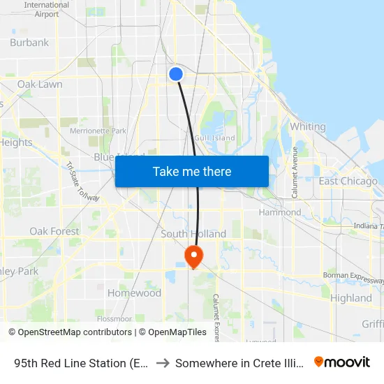 95th Red Line Station (East) to Somewhere in Crete Illinois map