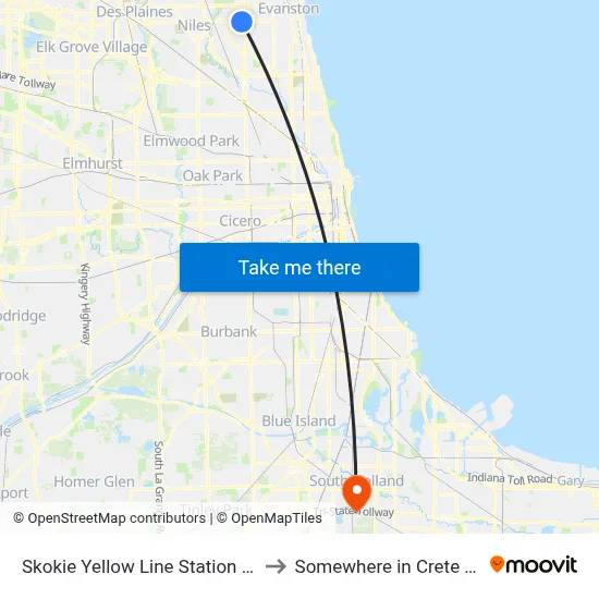 Skokie Yellow Line Station (South) to Somewhere in Crete Illinois map