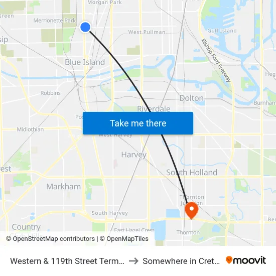Western & 119th Street Terminal (West) to Somewhere in Crete Illinois map
