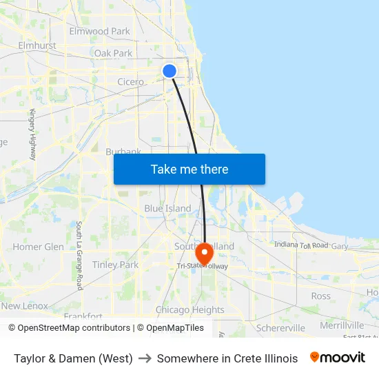 Taylor & Damen (West) to Somewhere in Crete Illinois map