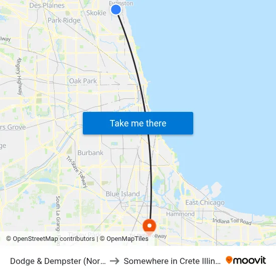 Dodge & Dempster (North) to Somewhere in Crete Illinois map
