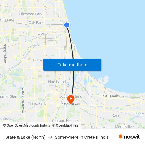 State & Lake (North) to Somewhere in Crete Illinois map