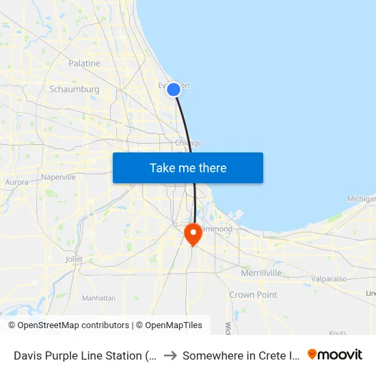 Davis Purple Line Station (South) to Somewhere in Crete Illinois map