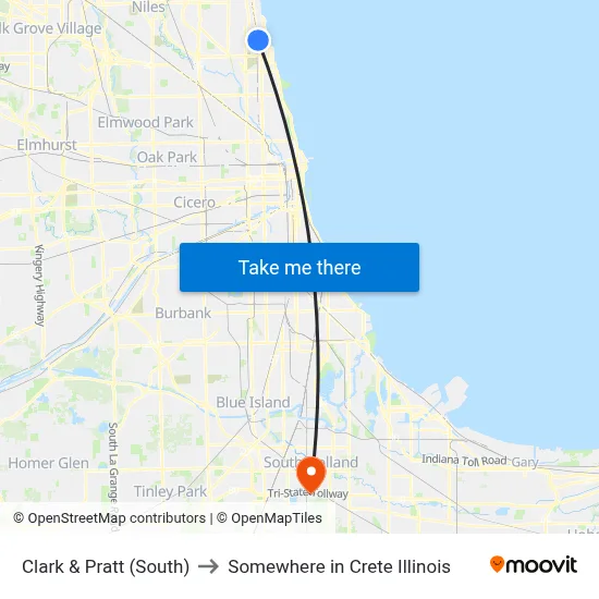 Clark & Pratt (South) to Somewhere in Crete Illinois map