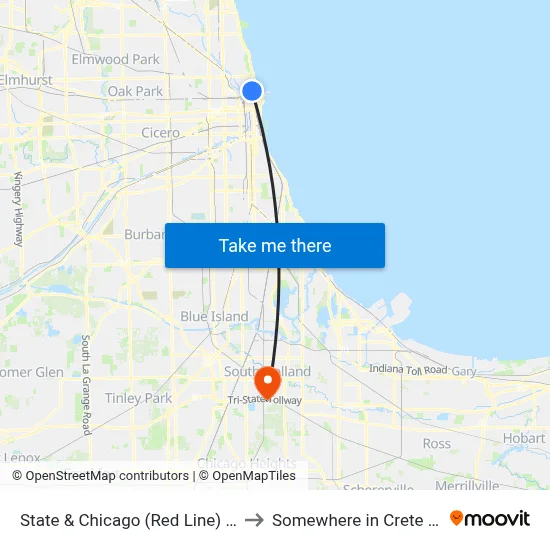 State & Chicago (Red Line) (South) to Somewhere in Crete Illinois map