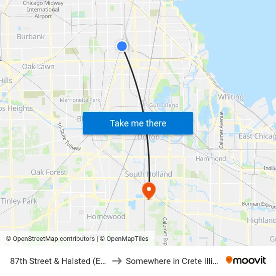 87th Street & Halsted (East) to Somewhere in Crete Illinois map