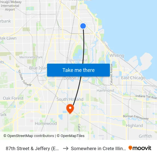 87th Street & Jeffery (East) to Somewhere in Crete Illinois map
