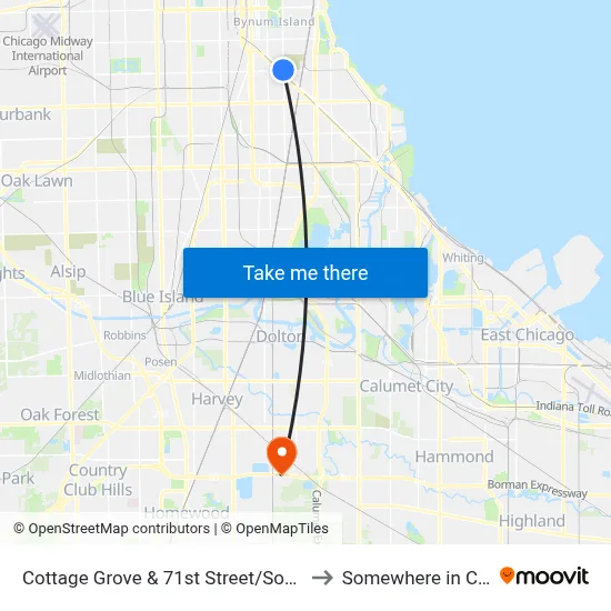 Cottage Grove & 71st Street/South Chicago (North) to Somewhere in Crete Illinois map