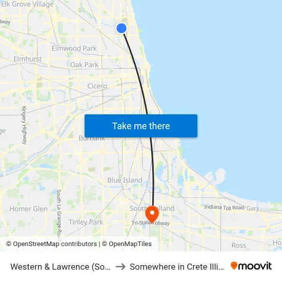 Western & Lawrence (South) to Somewhere in Crete Illinois map