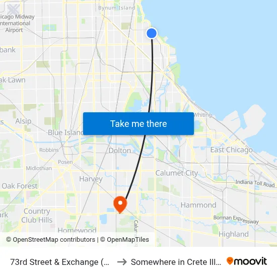 73rd Street & Exchange (West) to Somewhere in Crete Illinois map