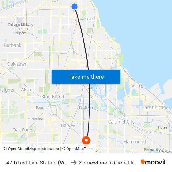 47th Red Line Station (West) to Somewhere in Crete Illinois map