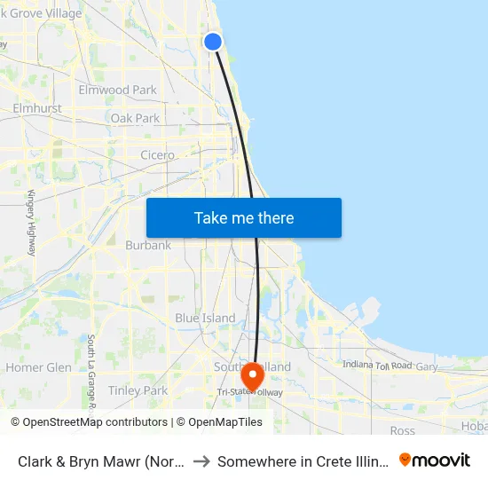 Clark & Bryn Mawr (North) to Somewhere in Crete Illinois map