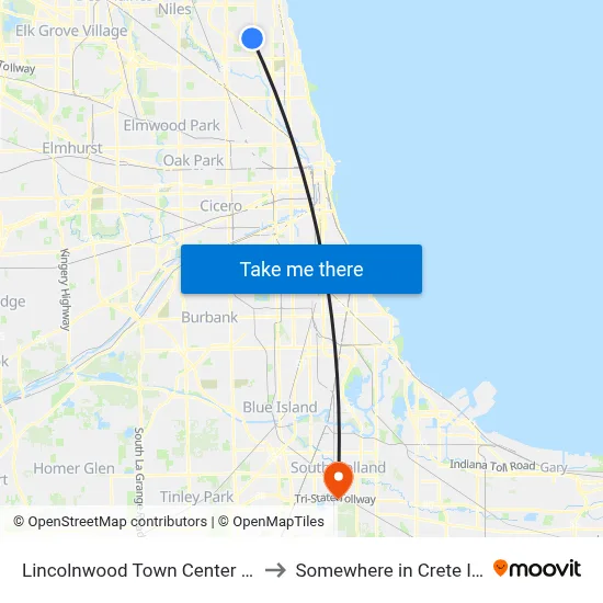 Lincolnwood Town Center (North) to Somewhere in Crete Illinois map