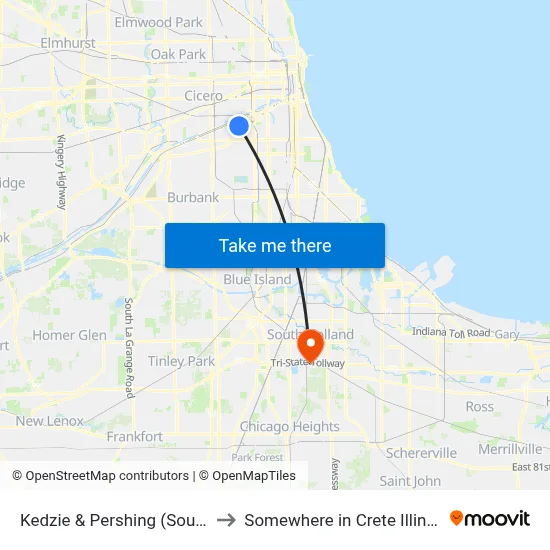 Kedzie & Pershing (South) to Somewhere in Crete Illinois map