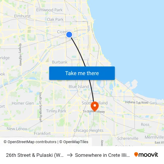 26th Street & Pulaski (West) to Somewhere in Crete Illinois map
