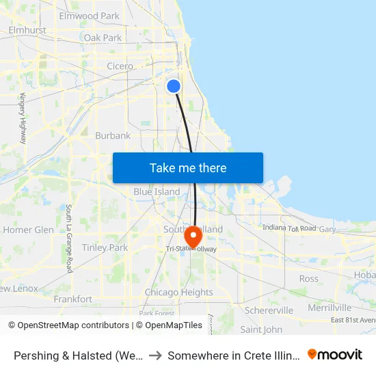 Pershing & Halsted (West) to Somewhere in Crete Illinois map
