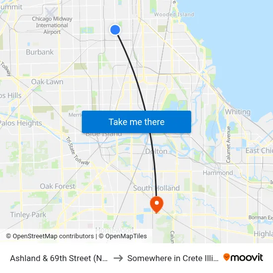 Ashland & 69th Street (North) to Somewhere in Crete Illinois map