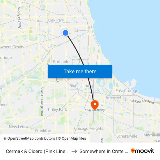 Cermak & Cicero (Pink Line) (West) to Somewhere in Crete Illinois map