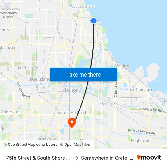 75th Street & South Shore (West) to Somewhere in Crete Illinois map