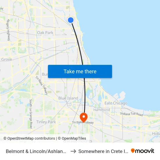 Belmont & Lincoln/Ashland (East) to Somewhere in Crete Illinois map